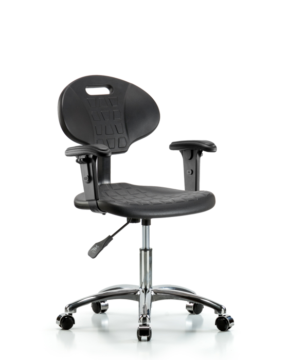Blue Ridge Ergonomics TPDHCH-CR-A1-CC-BLK Erie Polyurethane Chair Chrome - Desk Height with Adjustable Arms & Chrome Casters in Black Polyurethane