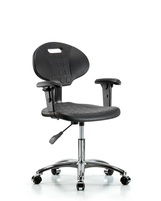 Blue Ridge Ergonomics TPDHCH-CR-A1-CC-BLK Erie Polyurethane Chair Chrome - Desk Height with Adjustable Arms & Chrome Casters in Black Polyurethane