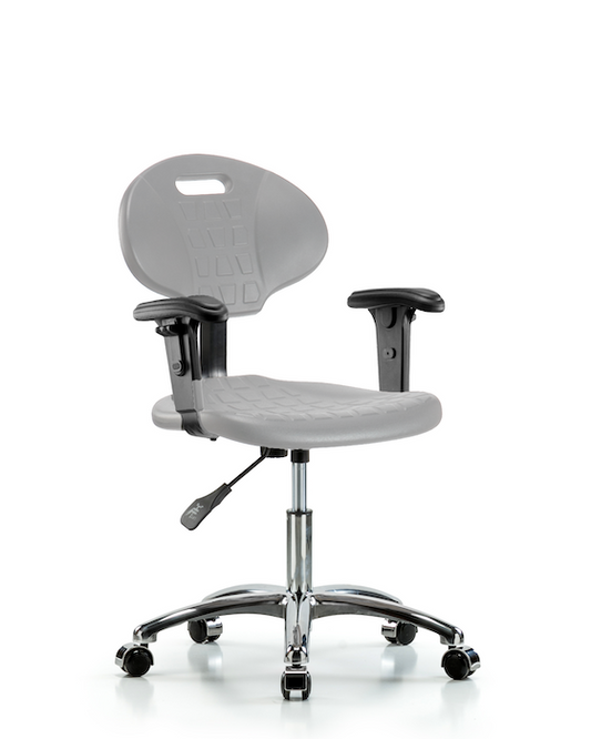 Blue Ridge Ergonomics TPDHCH-CR-A1-CC-GRY Erie Polyurethane Chair Chrome - Desk Height with Adjustable Arms & Chrome Casters in Gray Polyurethane