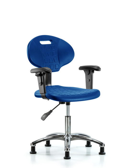 Blue Ridge Ergonomics TPDHCH-CR-A1-RG-BLU Erie Polyurethane Chair Chrome - Desk Height with Adjustable Arms & Stationary Glides in Blue Polyurethane