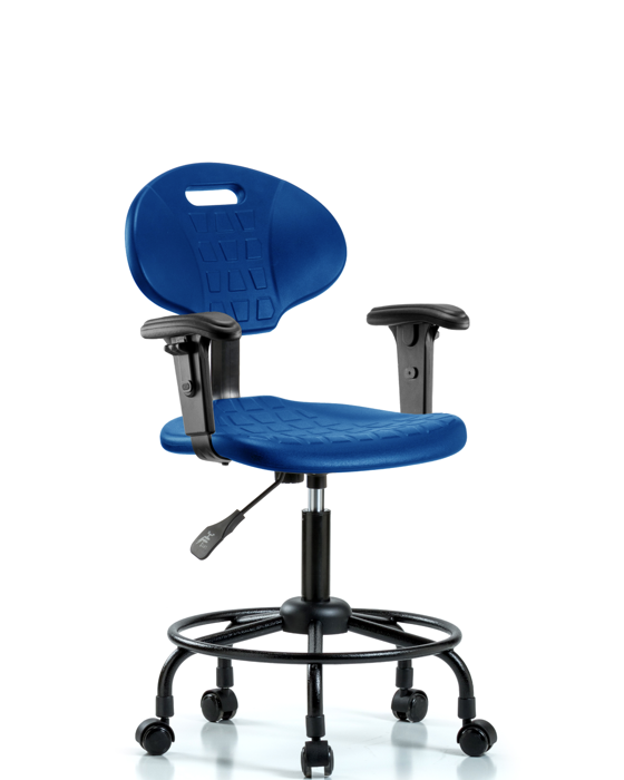 Blue Ridge Ergonomics TPDHCH-RT-A1-RC-BLU Erie Polyurethane Chair - Desk Height with Adjustable Arms, Round Tube Base & Casters in Blue Polyurethane