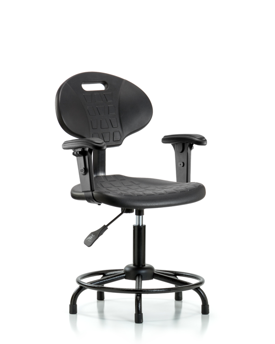 Blue Ridge Ergonomics TPDHCH-RT-A1-RG-BLK Erie Polyurethane Chair - Desk Height with Adjustable Arms, Round Tube Base & Stationary Glides in Black Polyurethane