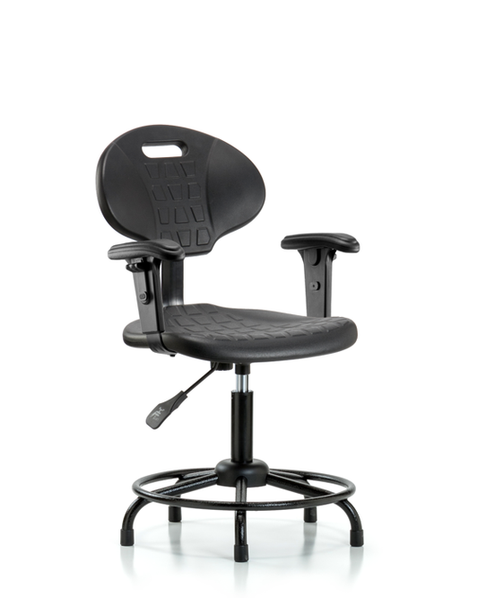 Blue Ridge Ergonomics TPDHCH-RT-A1-RG-BLK Erie Polyurethane Chair - Desk Height with Adjustable Arms, Round Tube Base & Stationary Glides in Black Polyurethane