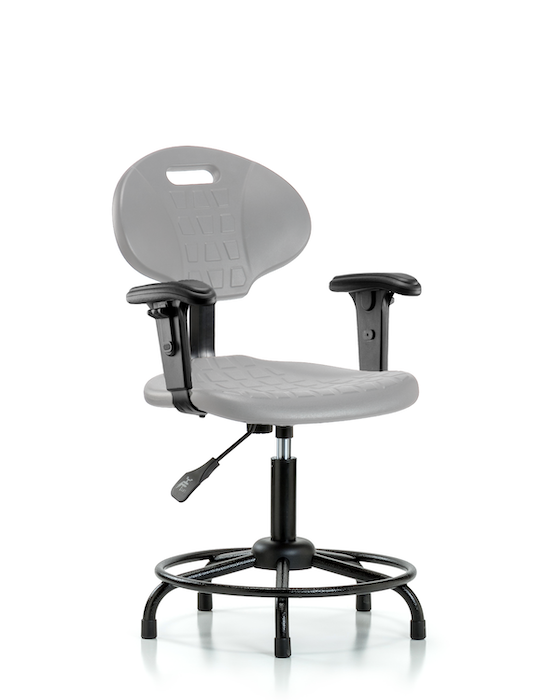 Blue Ridge Ergonomics TPDHCH-RT-A1-RG-GRY Erie Polyurethane Chair - Desk Height with Adjustable Arms, Round Tube Base & Stationary Glides in Gray Polyurethane