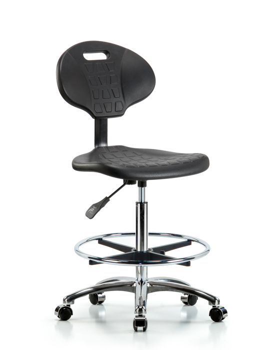 Blue Ridge Ergonomics TPHBCH-CR-A0-CF-CC-BLK Erie Polyurethane Chair Chrome - High Bench Height with Chrome Foot Ring & Chrome Casters in Black Polyurethane
