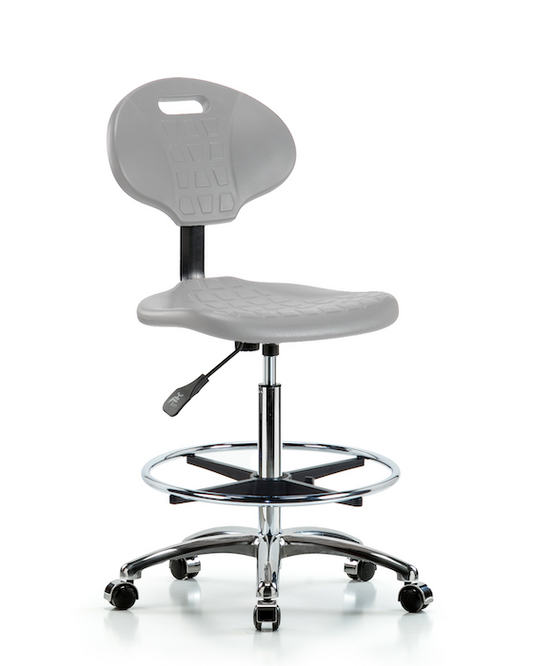 Blue Ridge Ergonomics TPHBCH-CR-A0-CF-CC-GRY Erie Polyurethane Chair Chrome - High Bench Height with Chrome Foot Ring & Chrome Casters in Gray Polyurethane