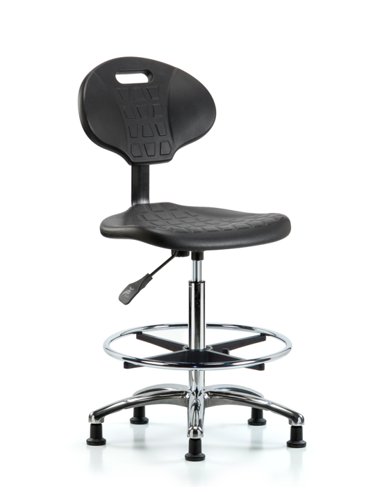 Blue Ridge Ergonomics TPHBCH-CR-A0-CF-RG-BLK Erie Polyurethane Chair Chrome - High Bench Height with Chrome Foot Ring & Stationary Glides in Black Polyurethane
