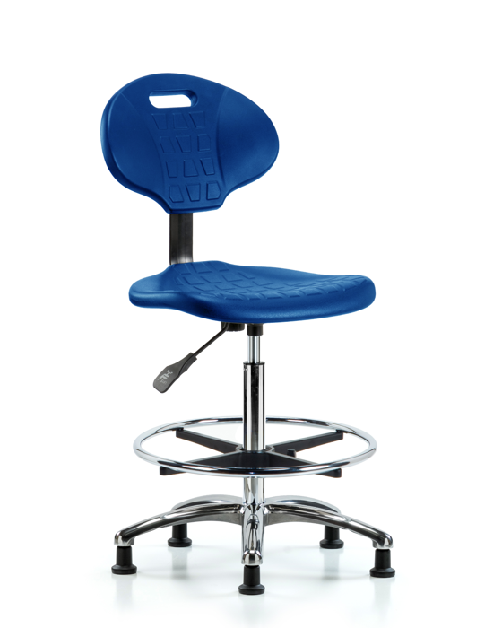 Blue Ridge Ergonomics TPHBCH-CR-A0-CF-RG-BLU Erie Polyurethane Chair Chrome - High Bench Height with Chrome Foot Ring & Stationary Glides in Blue Polyurethane