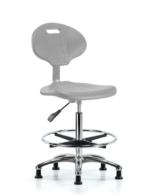 Blue Ridge Ergonomics TPHBCH-CR-A0-CF-RG-GRY Erie Polyurethane Chair Chrome - High Bench Height with Chrome Foot Ring & Stationary Glides in Gray Polyurethane
