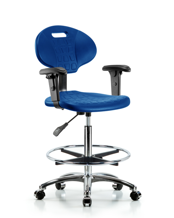 Blue Ridge Ergonomics TPHBCH-CR-A1-CF-CC-BLU Erie Polyurethane Chair Chrome - High Bench Height with Chrome Foot Ring, Adjustable Arms, & Chrome Casters in Blue Polyurethane