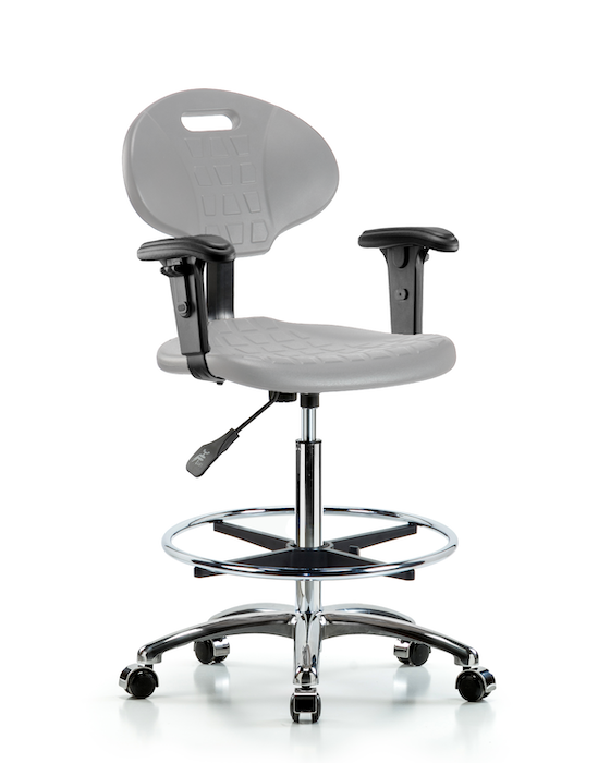 Blue Ridge Ergonomics TPHBCH-CR-A1-CF-CC-GRY Erie Polyurethane Chair Chrome - High Bench Height with Chrome Foot Ring, Adjustable Arms, & Chrome Casters in Gray Polyurethane