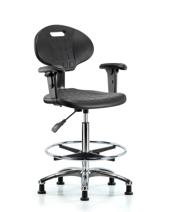 Blue Ridge Ergonomics TPHBCH-CR-A1-CF-RG-BLK Erie Polyurethane Chair Chrome - High Bench Height with Chrome Foot Ring, Adjustable Arms, & Stationary Glides in Black Polyurethane