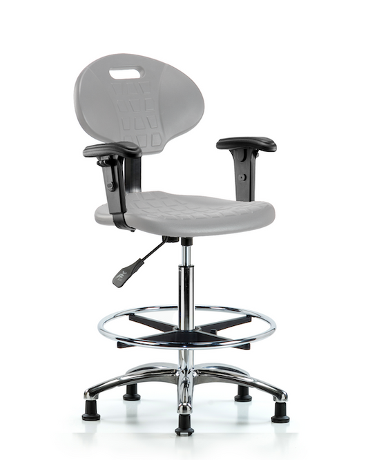 Blue Ridge Ergonomics TPHBCH-CR-A1-CF-RG-GRY Erie Polyurethane Chair Chrome - High Bench Height with Chrome Foot Ring, Adjustable Arms, & Stationary Glides in Gray Polyurethane