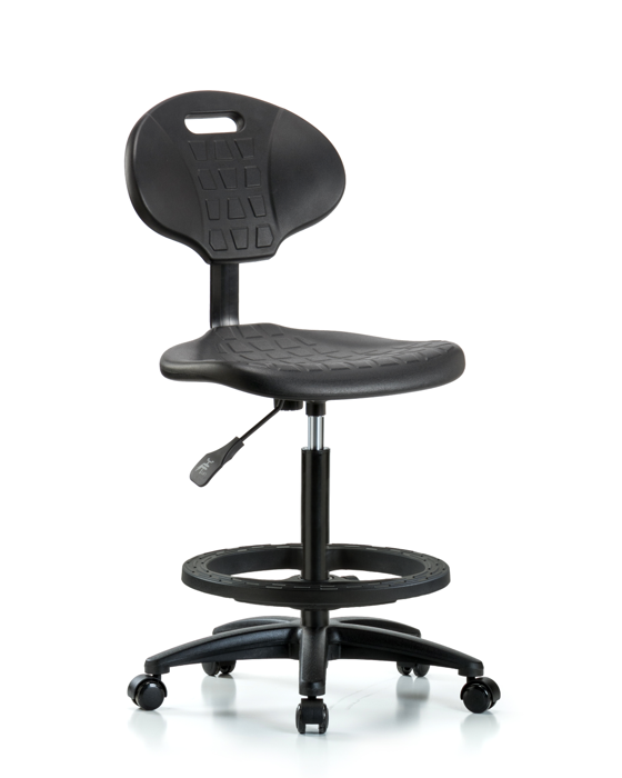 Blue Ridge Ergonomics TPHBCH-RG-A0-BF-RC-BLK Erie Polyurethane Chair - High Bench Height with Black Foot Ring & Casters in Black Polyurethane