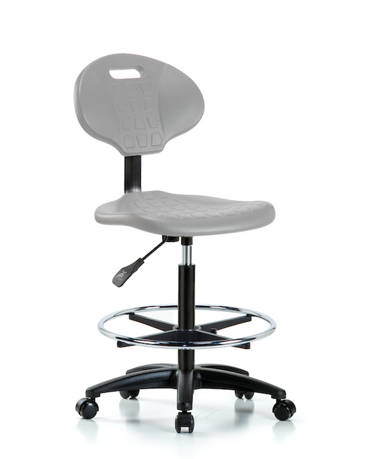 Blue Ridge Ergonomics TPHBCH-RG-A0-CF-RC-GRY Erie Polyurethane Chair - High Bench Height with Chrome Foot Ring & Casters in Gray Polyurethane