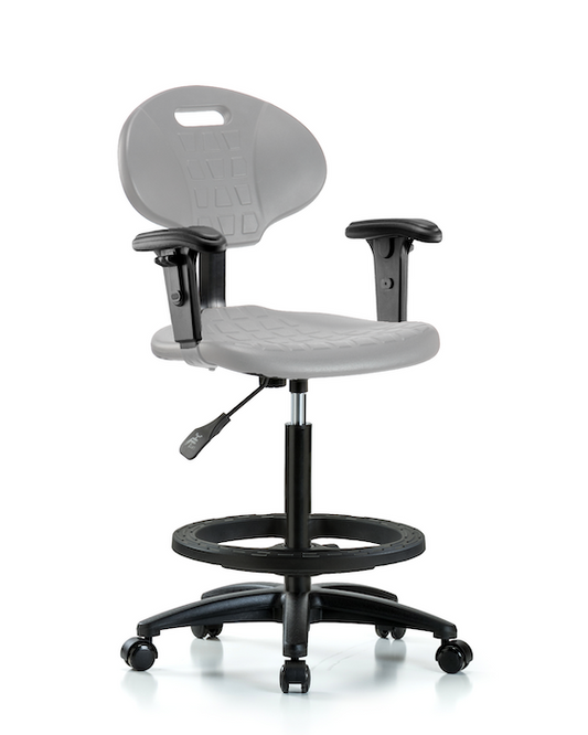 Blue Ridge Ergonomics TPHBCH-RG-A1-BF-RC-GRY Erie Polyurethane Chair - High Bench Height with Black Foot Ring, Adjustable Arms, & Casters in Gray Polyurethane