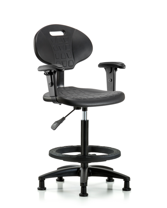 Blue Ridge Ergonomics TPHBCH-RG-A1-BF-RG-BLK Erie Polyurethane Chair - High Bench Height with Black Foot Ring, Adjustable Arms, & Stationary Glides in Black Polyurethane