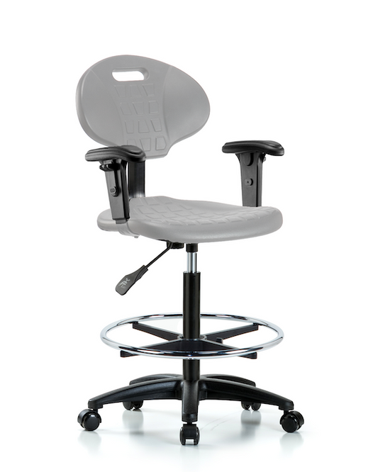 Blue Ridge Ergonomics TPHBCH-RG-A1-CF-RC-GRY Erie Polyurethane Chair - High Bench Height with Chrome Foot Ring, Adjustable Arms, & Casters in Gray Polyurethane