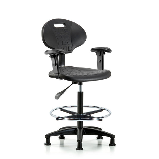 Blue Ridge Ergonomics TPHBCH-RG-A1-CF-RG-BLK Erie Polyurethane Chair - High Bench Height with Chrome Foot Ring, Adjustable Arms, & Stationary Glides in Black Polyurethane