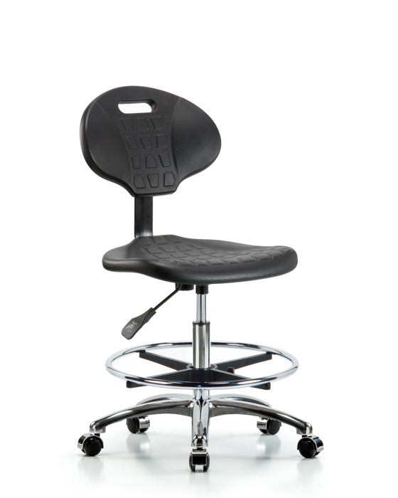 Blue Ridge Ergonomics TPMBCH-CR-A0-CF-CC-BLK Erie Polyurethane Chair Chrome - Medium Bench Height with Chrome Foot Ring & Chrome Casters in Black Polyurethane