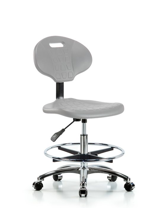 Blue Ridge Ergonomics TPMBCH-CR-A0-CF-CC-GRY Erie Polyurethane Chair Chrome - Medium Bench Height with Chrome Foot Ring & Chrome Casters in Gray Polyurethane