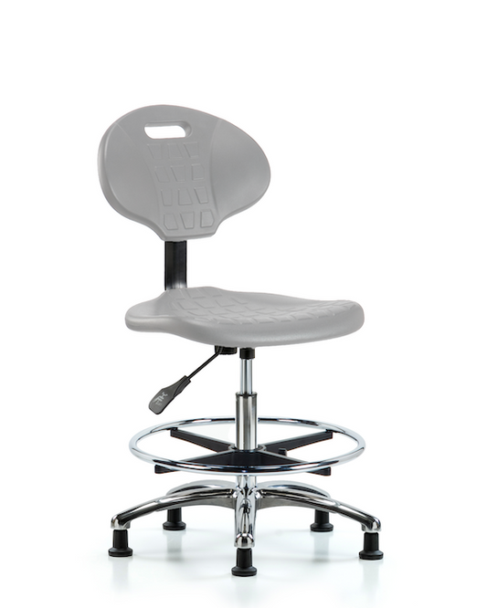 Blue Ridge Ergonomics TPMBCH-CR-A0-CF-RG-GRY Erie Polyurethane Chair Chrome - Medium Bench Height with Chrome Foot Ring & Stationary Glides in Gray Polyurethane