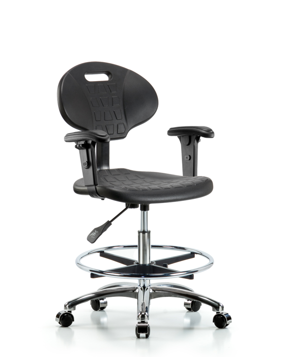 Blue Ridge Ergonomics TPMBCH-CR-A1-CF-CC-BLK Erie Polyurethane Chair Chrome - Medium Bench Height with Chrome Foot Ring, Adjustable Arms, & Chrome Casters in Black Polyurethane