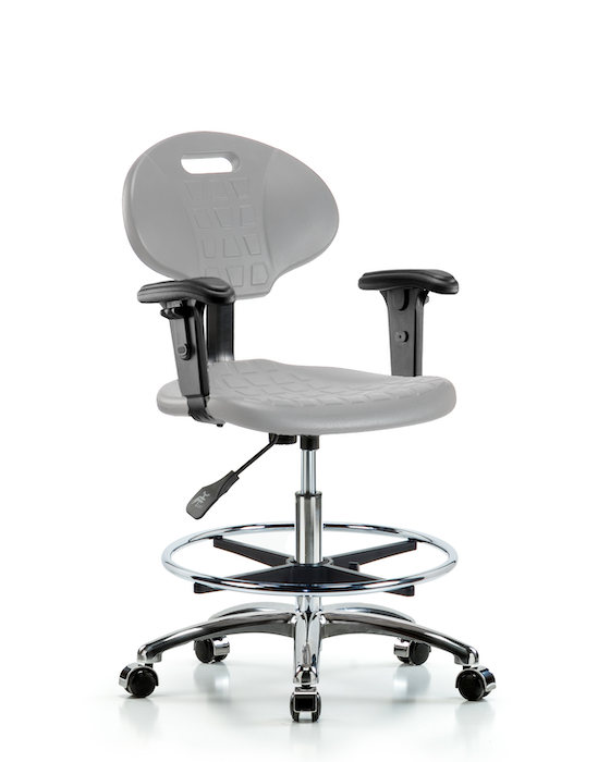 Blue Ridge Ergonomics TPMBCH-CR-A1-CF-CC-GRY Erie Polyurethane Chair Chrome - Medium Bench Height with Chrome Foot Ring, Adjustable Arms, & Chrome Casters in Gray Polyurethane