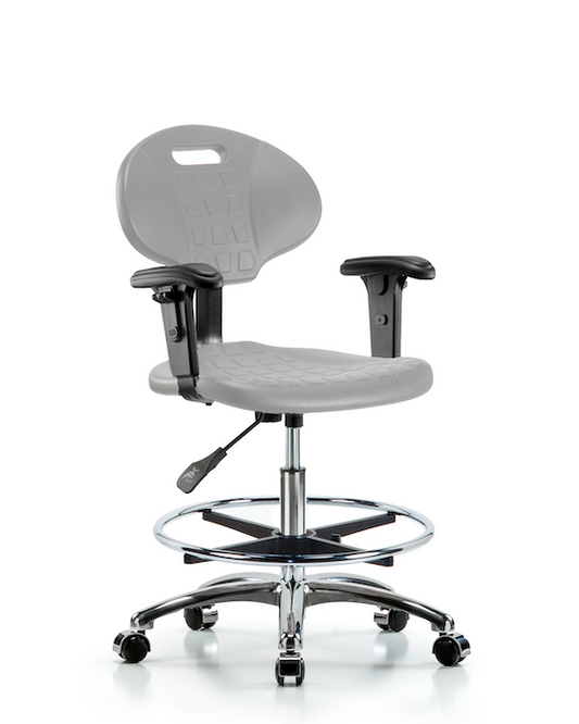Blue Ridge Ergonomics TPMBCH-CR-A1-CF-CC-GRY Erie Polyurethane Chair Chrome - Medium Bench Height with Chrome Foot Ring, Adjustable Arms, & Chrome Casters in Gray Polyurethane