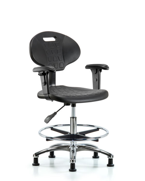 Blue Ridge Ergonomics TPMBCH-CR-A1-CF-RG-BLK Erie Polyurethane Chair Chrome - Medium Bench Height with Chrome Foot Ring, Adjustable Arms, & Stationary Glides in Black Polyurethane