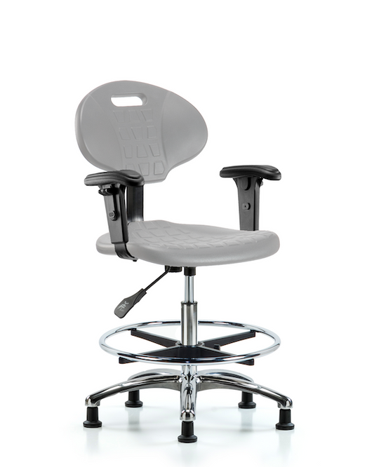 Blue Ridge Ergonomics TPMBCH-CR-A1-CF-RG-GRY Erie Polyurethane Chair Chrome - Medium Bench Height with Chrome Foot Ring, Adjustable Arms, & Stationary Glides in Gray Polyurethane