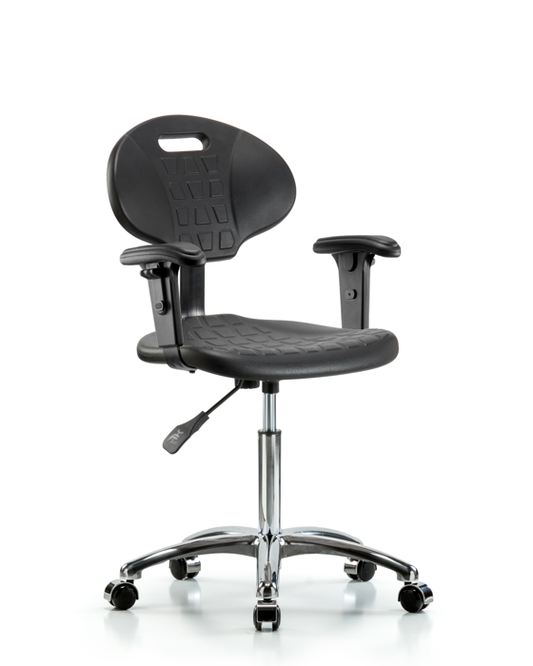 Blue Ridge Ergonomics TPMBCH-CR-A1-NF-CC-BLK Erie Polyurethane Chair Chrome - Medium Bench Height with Adjustable Arms & Chrome Casters in Black Polyurethane