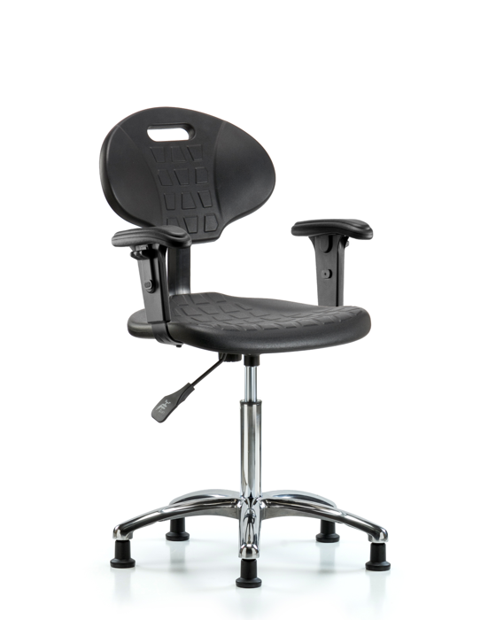 Blue Ridge Ergonomics TPMBCH-CR-A1-NF-RG-BLK Erie Polyurethane Chair Chrome - Medium Bench Height with Adjustable Arms & Stationary Glides in Black Polyurethane
