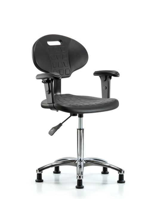 Blue Ridge Ergonomics TPMBCH-CR-A1-NF-RG-BLK Erie Polyurethane Chair Chrome - Medium Bench Height with Adjustable Arms & Stationary Glides in Black Polyurethane