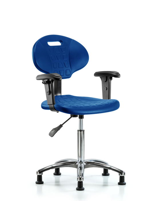 Blue Ridge Ergonomics TPMBCH-CR-A1-NF-RG-BLU Erie Polyurethane Chair Chrome - Medium Bench Height with Adjustable Arms & Stationary Glides in Blue Polyurethane