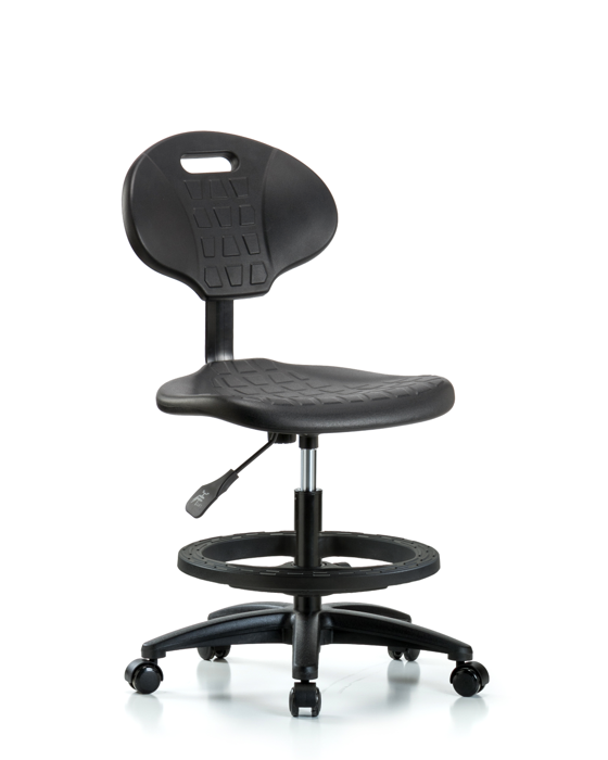 Blue Ridge Ergonomics TPMBCH-RG-A0-BF-RC-BLK Erie Polyurethane Chair - Medium Bench Height with Black Foot Ring & Casters in Black Polyurethane