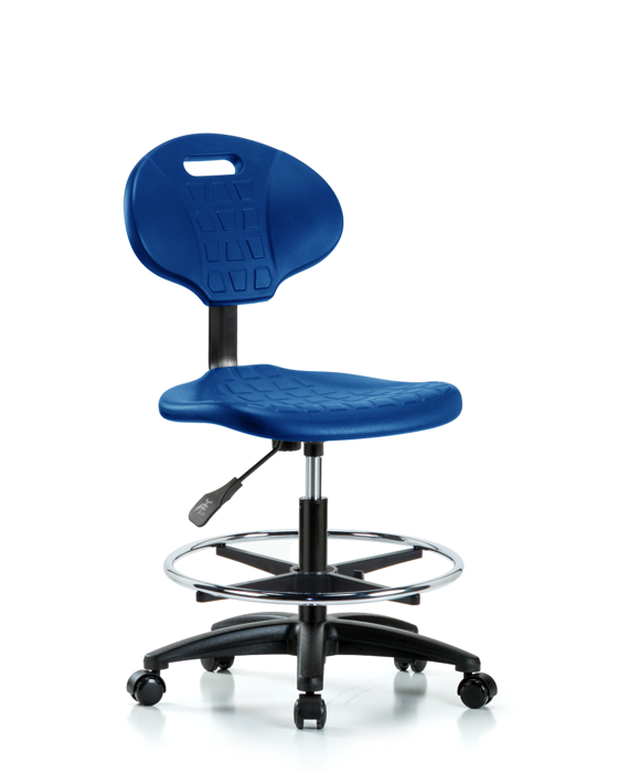 Blue Ridge Ergonomics TPMBCH-RG-A0-CF-RC-BLU Erie Polyurethane Chair - Medium Bench Height with Chrome Foot Ring & Casters in Blue Polyurethane