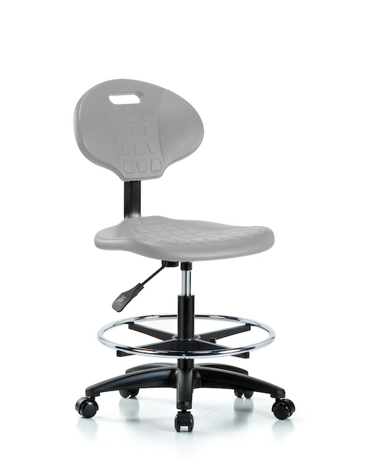 Blue Ridge Ergonomics TPMBCH-RG-A0-CF-RC-GRY Erie Polyurethane Chair - Medium Bench Height with Chrome Foot Ring & Casters in Gray Polyurethane
