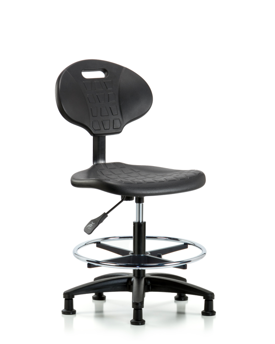 Blue Ridge Ergonomics TPMBCH-RG-A0-CF-RG-BLK Erie Polyurethane Chair - Medium Bench Height with Chrome Foot Ring & Stationary Glides in Black Polyurethane