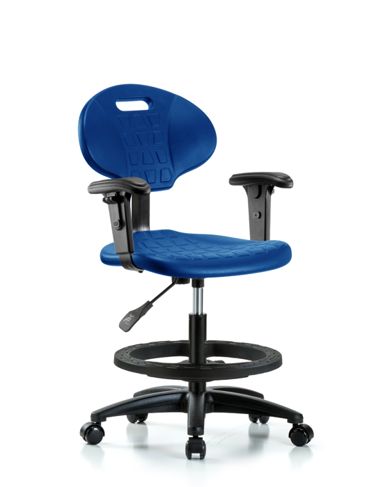 Blue Ridge Ergonomics TPMBCH-RG-A1-BF-RC-BLU Erie Polyurethane Chair - Medium Bench Height with Black Foot Ring, Adjustable Arms, & Casters in Blue Polyurethane