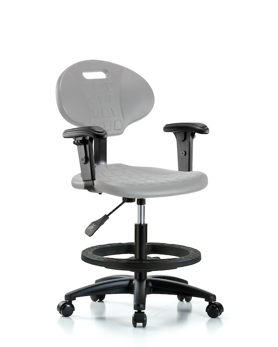 Blue Ridge Ergonomics TPMBCH-RG-A1-BF-RC-GRY Erie Polyurethane Chair - Medium Bench Height with Black Foot Ring, Adjustable Arms, & Casters in Gray Polyurethane