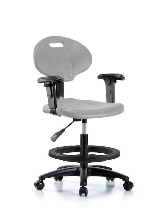 Blue Ridge Ergonomics TPMBCH-RG-A1-BF-RC-GRY Erie Polyurethane Chair - Medium Bench Height with Black Foot Ring, Adjustable Arms, & Casters in Gray Polyurethane