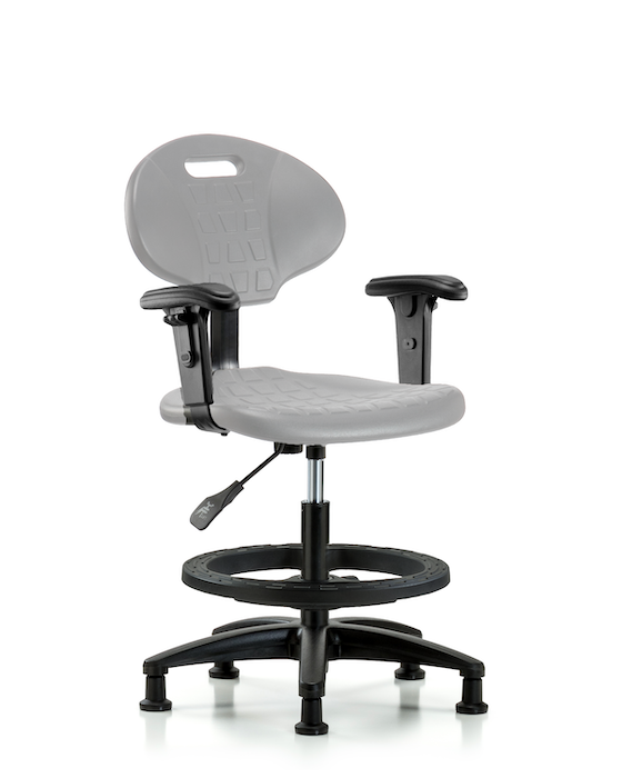 Blue Ridge Ergonomics TPMBCH-RG-A1-BF-RG-GRY Erie Polyurethane Chair - Medium Bench Height with Black Foot Ring, Adjustable Arms, & Stationary Glides in Gray Polyurethane