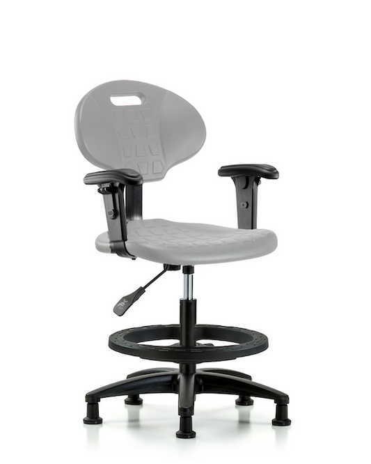 Blue Ridge Ergonomics TPMBCH-RG-A1-BF-RG-GRY Erie Polyurethane Chair - Medium Bench Height with Black Foot Ring, Adjustable Arms, & Stationary Glides in Gray Polyurethane