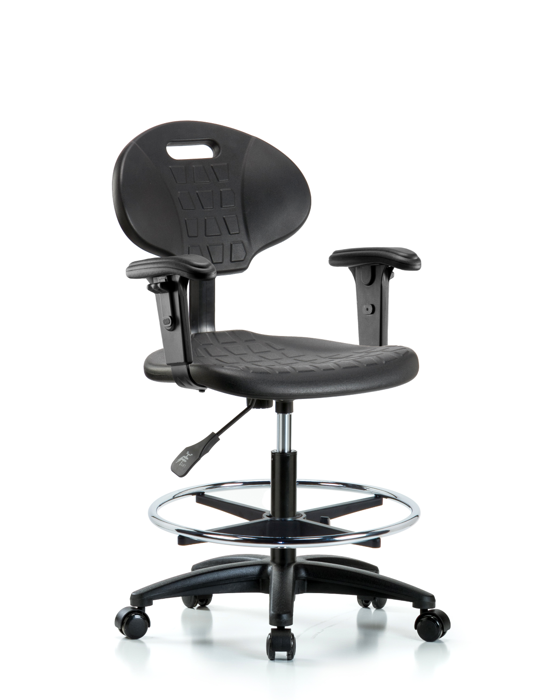 Blue Ridge Ergonomics TPMBCH-RG-A1-CF-RC-BLK Erie Polyurethane Chair - Medium Bench Height with Chrome Foot Ring, Adjustable Arms, & Casters in Black Polyurethane