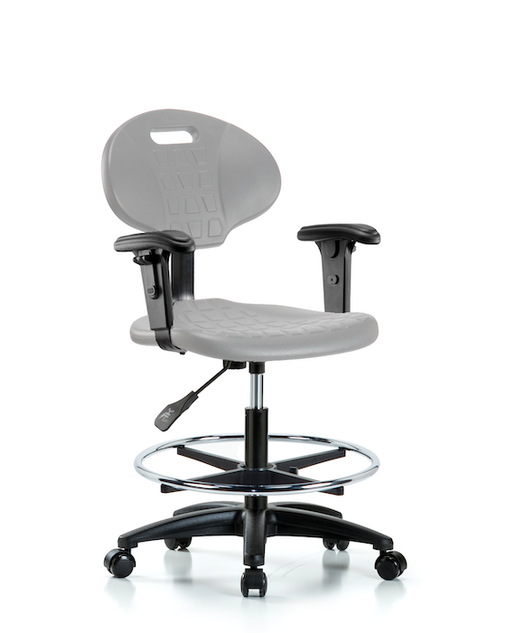 Blue Ridge Ergonomics TPMBCH-RG-A1-CF-RC-GRY Erie Polyurethane Chair - Medium Bench Height with Chrome Foot Ring, Adjustable Arms, & Casters in Gray Polyurethane