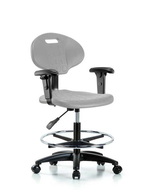 Blue Ridge Ergonomics TPMBCH-RG-A1-CF-RC-GRY Erie Polyurethane Chair - Medium Bench Height with Chrome Foot Ring, Adjustable Arms, & Casters in Gray Polyurethane