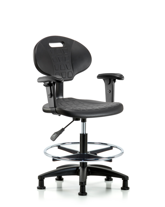 Blue Ridge Ergonomics TPMBCH-RG-A1-CF-RG-BLK Erie Polyurethane Chair - Medium Bench Height with Chrome Foot Ring, Adjustable Arms, & Stationary Glides in Black Polyurethane