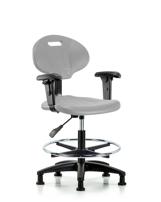 Blue Ridge Ergonomics TPMBCH-RG-A1-CF-RG-GRY Erie Polyurethane Chair - Medium Bench Height with Chrome Foot Ring, Adjustable Arms, & Stationary Glides in Gray Polyurethane