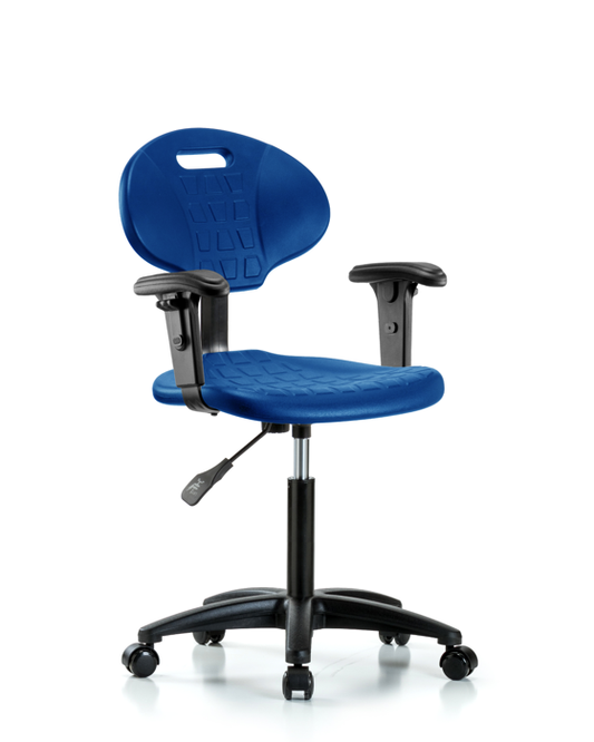 Blue Ridge Ergonomics TPMBCH-RG-A1-NF-RC-BLU Erie Polyurethane Chair - Medium Bench Height with Adjustable Arms & Casters in Blue Polyurethane